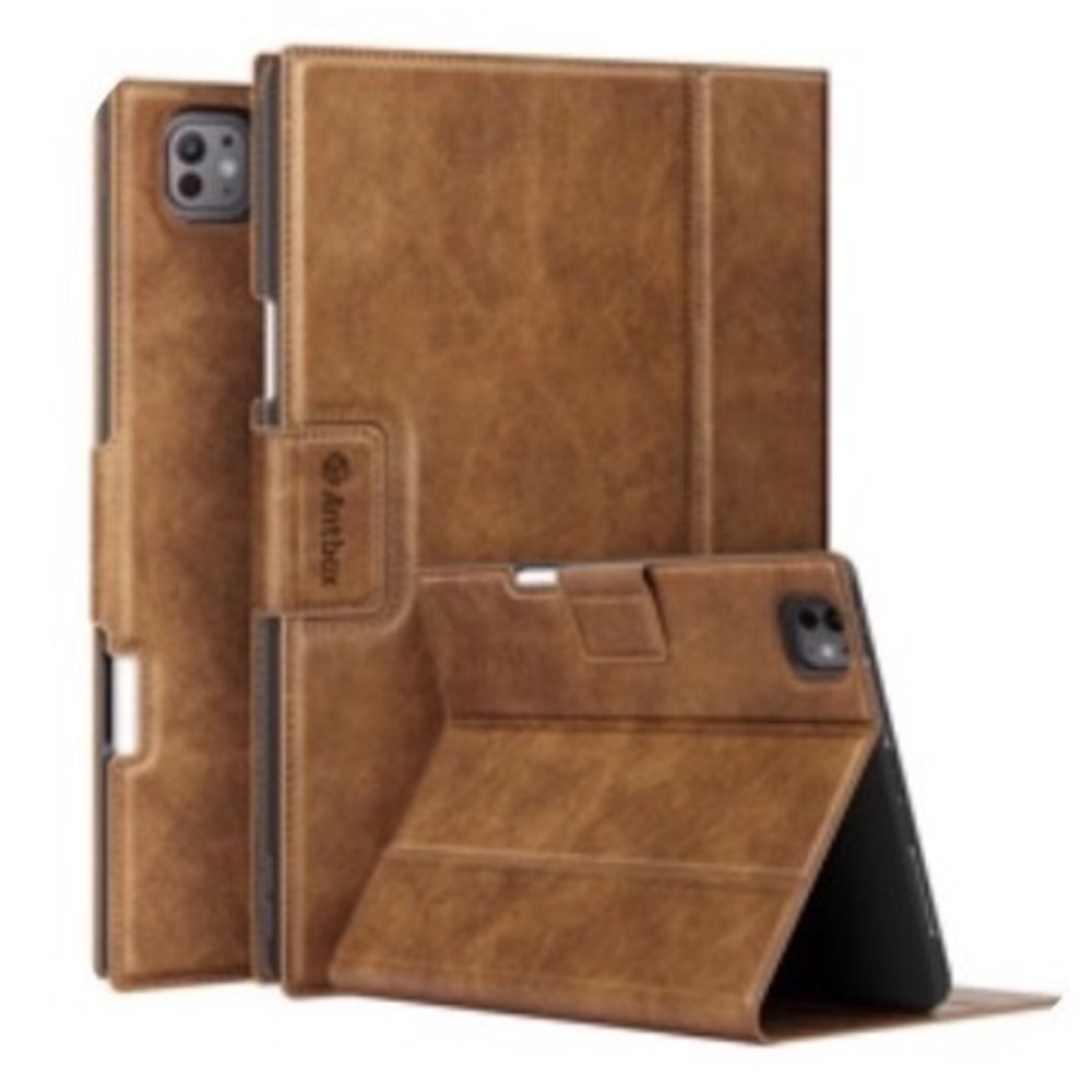 Antbox iPad Pro 13 inch Case Brown Vegan Leather Folio Cover with Pencil Holder